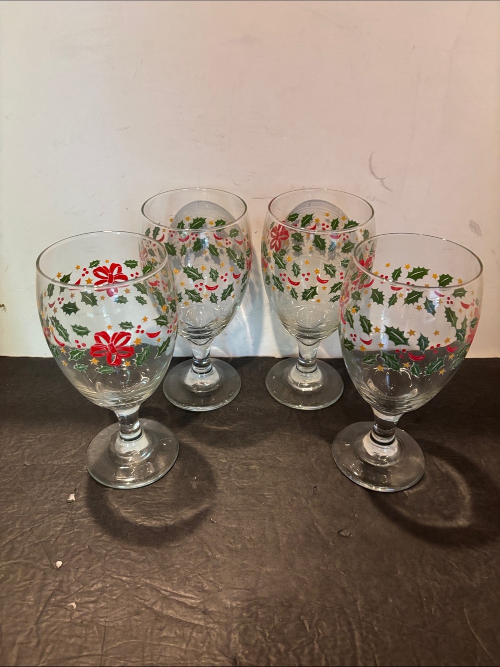 Libbey Holiday Poinsettia Holly Stemmed Iced Tea Water Glasses Set of 4